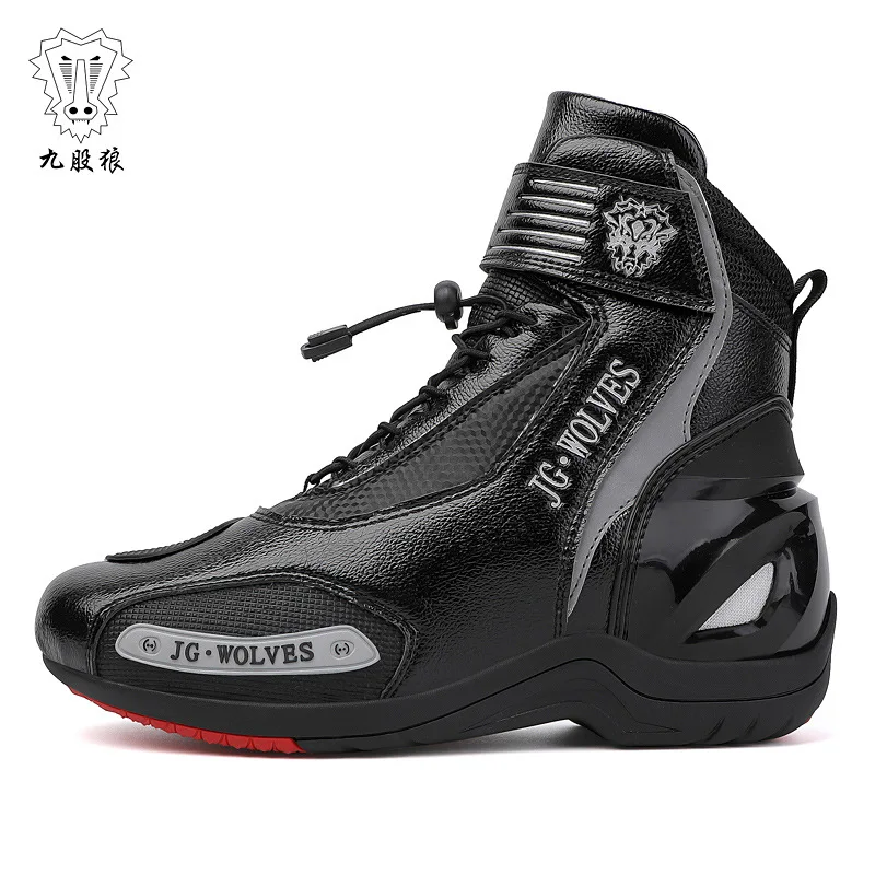 JG-Wolf Leather Motorcycle Boots Men Motos Breathable Anti Slip Wear-resistant Riders Boots Black Motorcycle Equipment