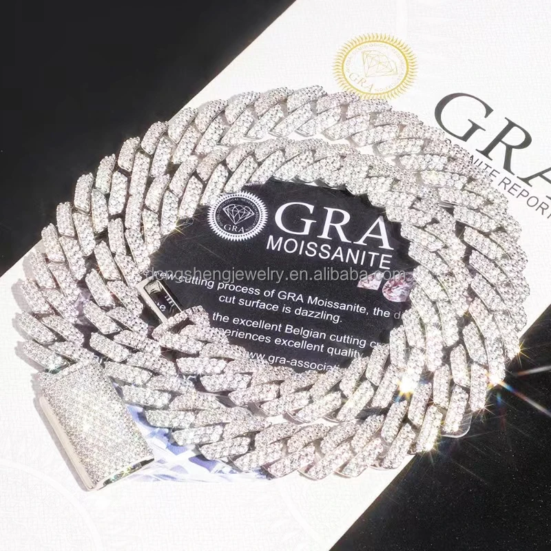 

Hot Selling Fashion Jewelry 925 Sterling Silver Hip Hop Necklace 10mm 12mm Iced Out Moissanite Diamond Cuban Link Chain