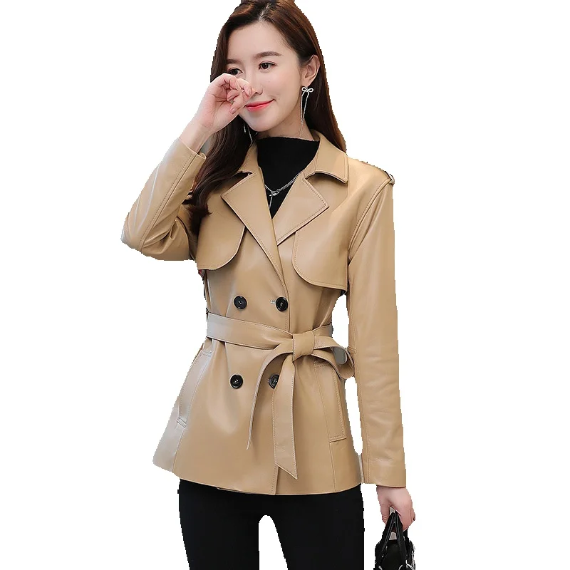 

Куртка из овечьей кожи для женщин, НОВАЯ тонкая и короткая кожаная ветровка, Повседневная модная куртка на шнуровке