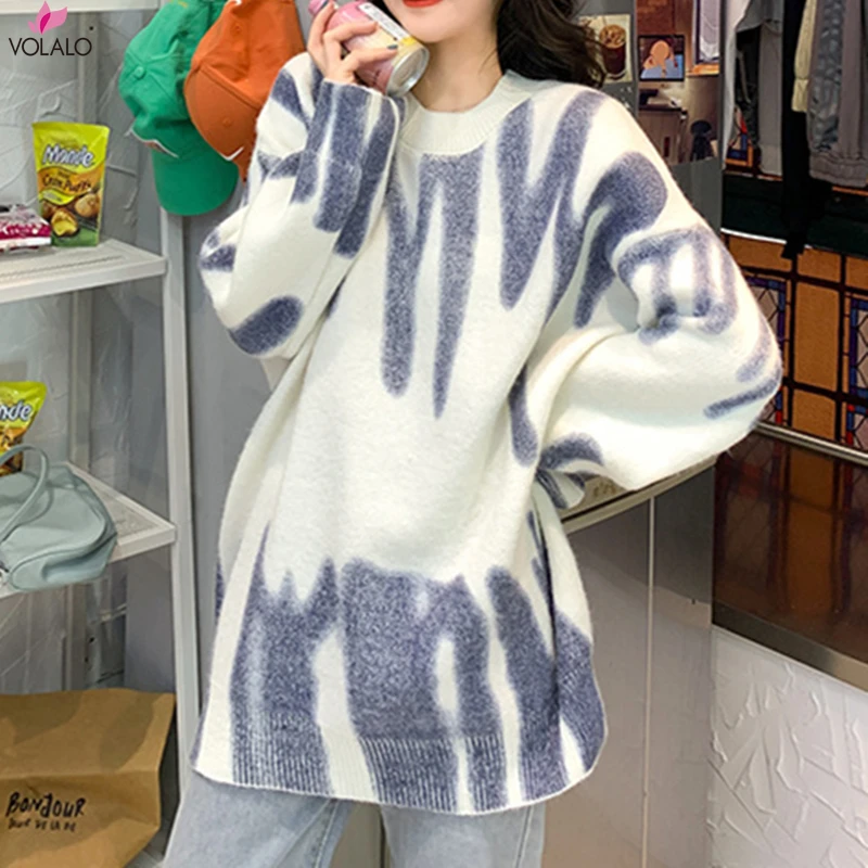 

Print Knitted Sweater Women Elegant Green Striped Oversized Pullovers Women Winter Loose Long Sweaters Streetwear Sueter Mujer