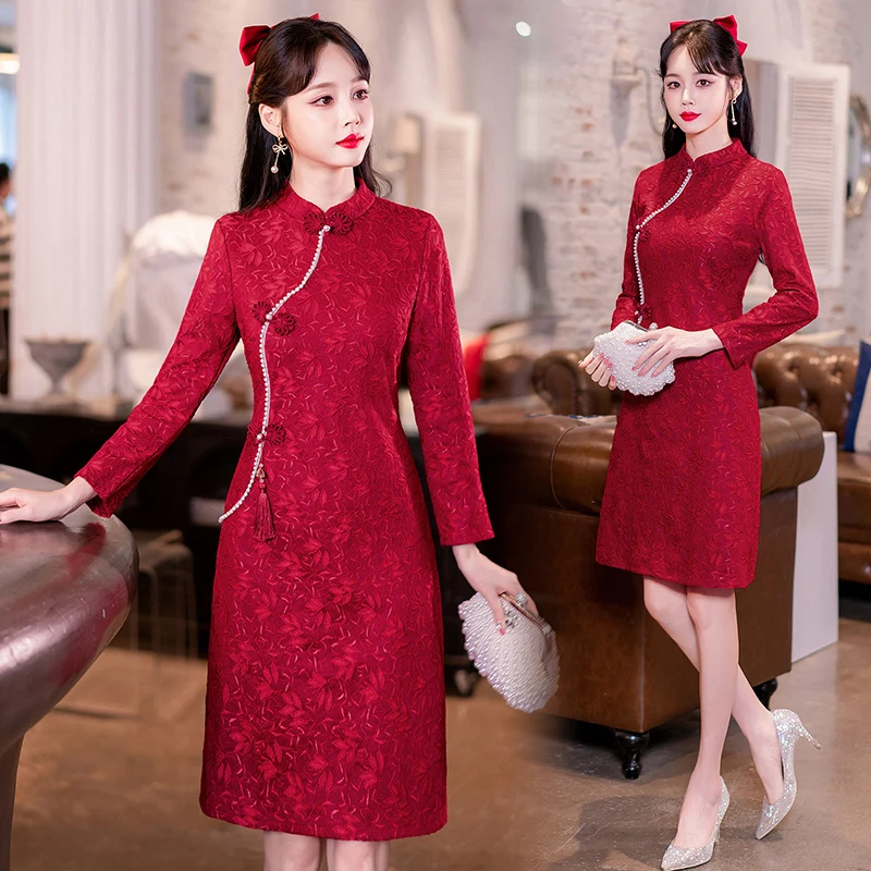 

Retro Classic Chinese Traditional Mom Red Cheongsam Party Clothing Asian Modern Improved Long Sleeve Dresses for Women