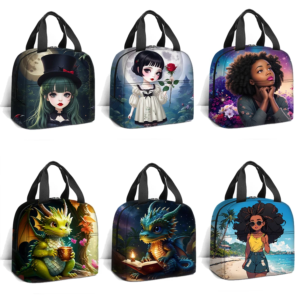 

Gothic Girl Lunch Bag Cute Dragon Baby Insulated Cooler Thermal Afro Women Food Storage Bags Schools Travel Picnic Lunch Box