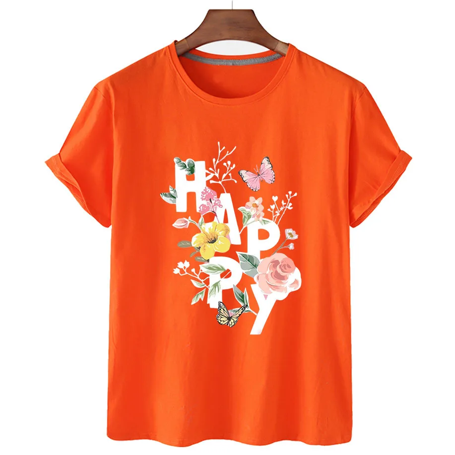 

100% Cotton Happy Flower Print Short Sleeve T-Shirt Women's 2022 Summer Women's Casual T-Shirt Unisex Short Sleeve T-Shirt S-4XL