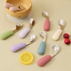 2PCS Baby Silicone Stainless Steel Fork Spoon Feeding Set Portable Kids Training Weaning Tableware Toddler Utensils Baby Stuff 1