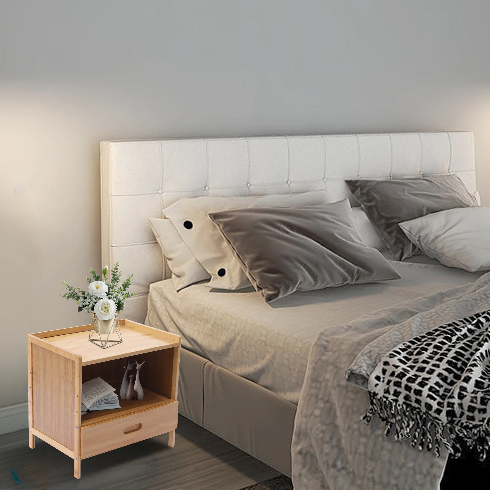CNCEST Modern Nightstand with Drawer Farmhouse Bamboo Night Stand Bedroom Bedside Table Mini Bed Side Table Sofa End