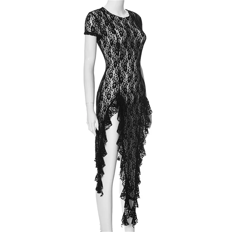 y2k Dress Women Sexy See Through Floral Lace Round Neck Asymmetrical Hem Bodycon Midi Dress Evening Party Dresses _
