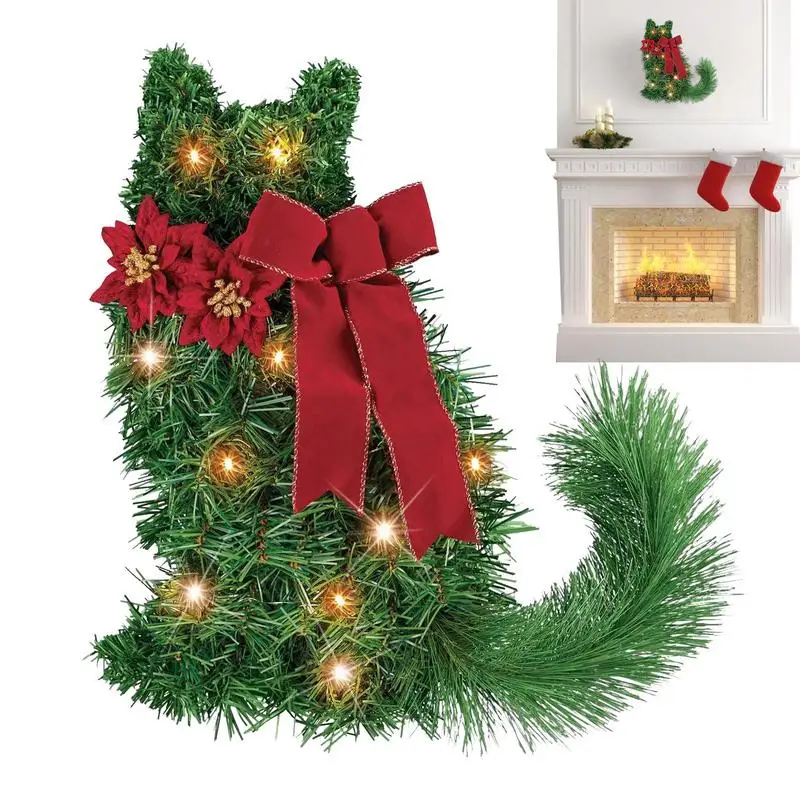 

Lighted Christmas Wreath Christmas Cat Wreath Artificial Pine Needles Holiday with Christmas Ball Ornaments and LED Light String