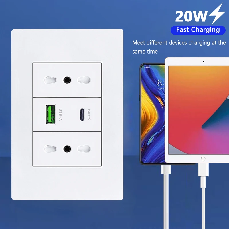 흰색/검정색 임베디드 이탈리아 칠레 플러그 usb C 벽면 소켓, 16A 전원 스트립, 스마트 Type-c 20W 고속 충전 소켓 어댑터
