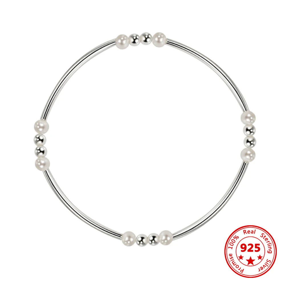 100 925 Sterling Silver Pearl Bracelet Stretch Rope Light Bead Rodada Bead Bracelet Jóias