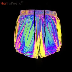 Primavera verão feminino arco íris quente shorts jogger cordão botton cintura elástica hip hop feminino calções reflexivos com bolsos 2022