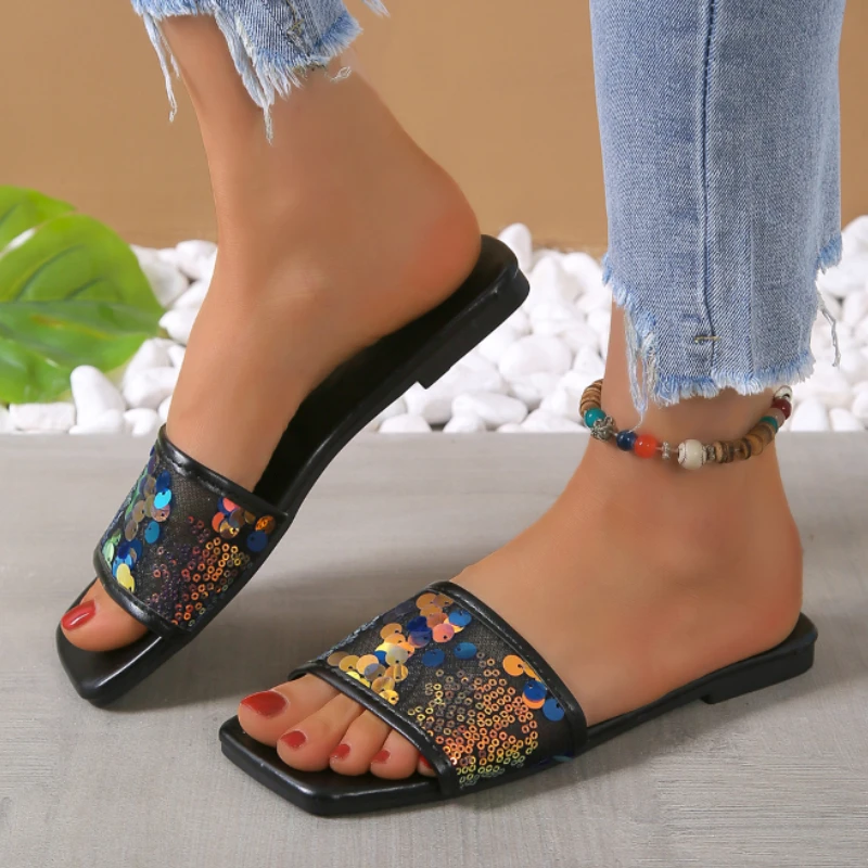 

Лидер продаж 2023, женская обувь, женские тапочки с открытым носком, летняя повседневная пляжная обувь с блестками, женская обувь на плоской подошве