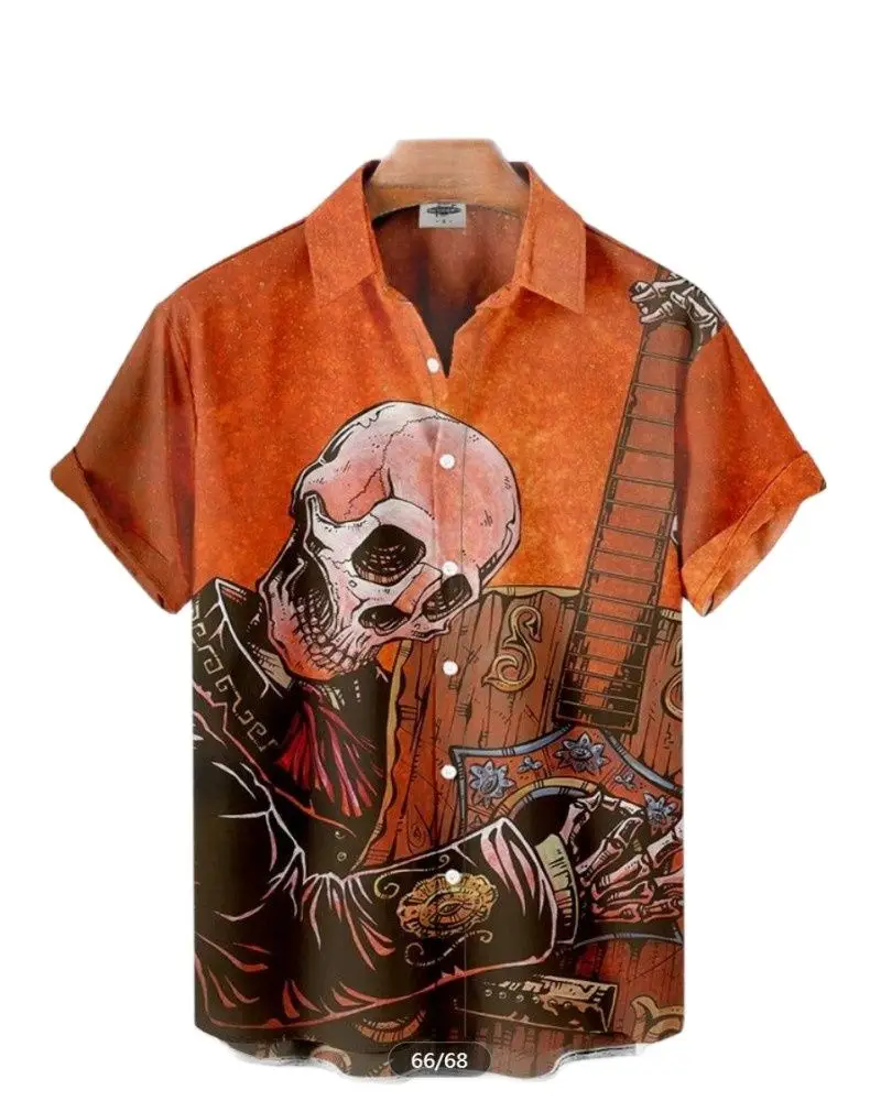 2023 Skull Print Vintage Shirt New Hawaiian Beach Shirt Fashion Summer Beach Short Sleeve Top Vacation Casual Men's Clothing