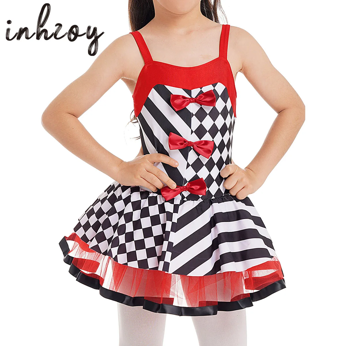 

Girls Halloween Costume Tutu Dress Kids Carnival Party Cosplay Jester Clown Clothing Checkerboard Print Fancy Dress Up Outfits