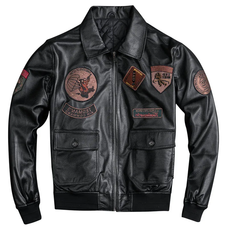 

New Winter Man Leather Coat Airforce Military with Badge Cotton Padded 4xl Male Genuine Real Sheepskin Leather Jacket A081