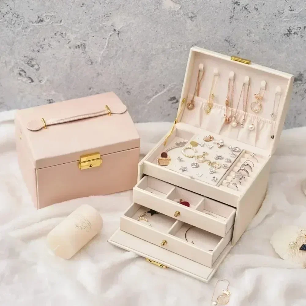 Three Drawer Handheld Jewellery Box Earring Ring Necklace Storage Box PU Leather Jewellery Display Box With Security Key Lock