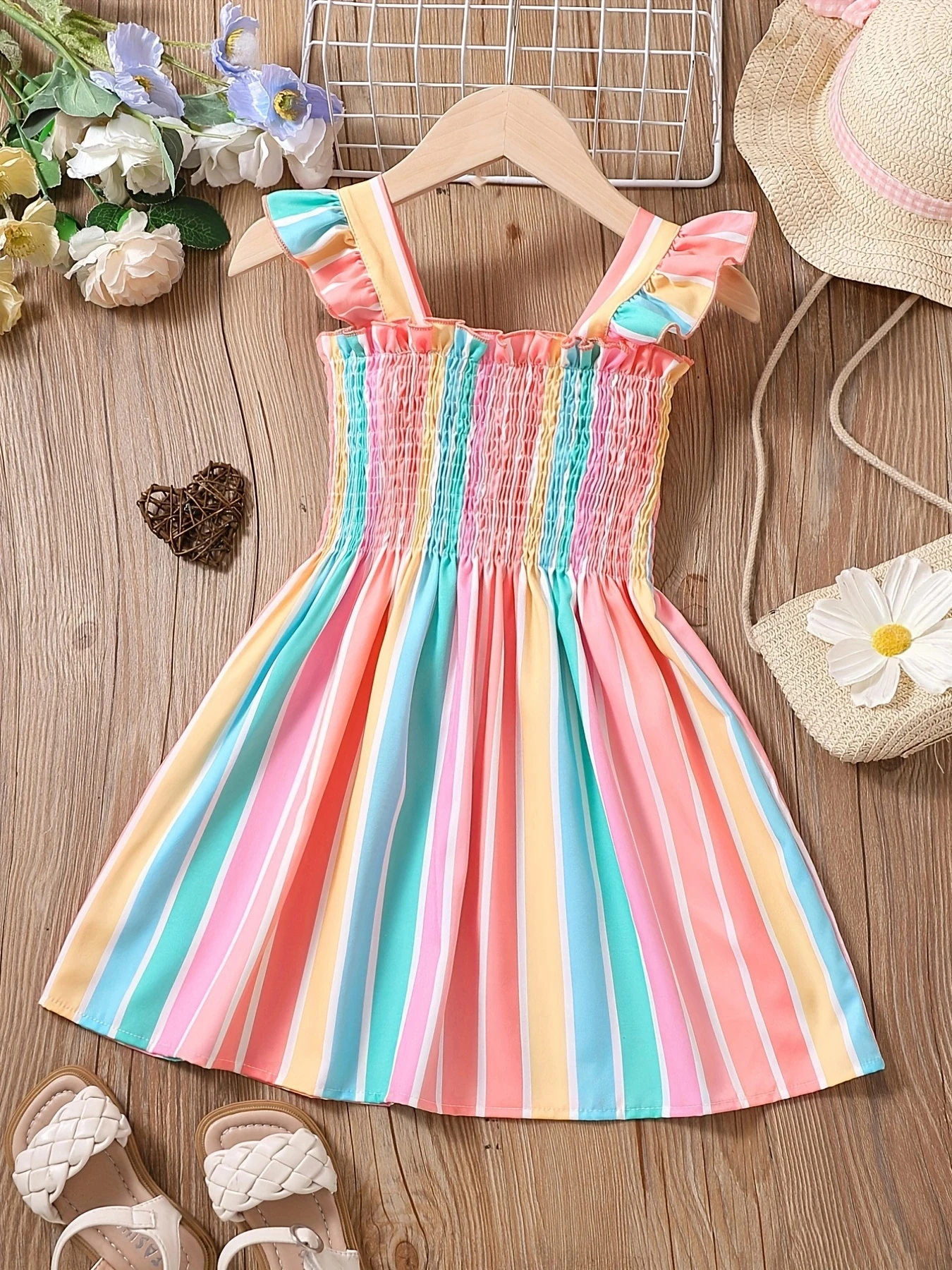 Girls' striped parallel pleated ruffle A-line dress, the latest summer suspender casual rainbow dress for girls in 2025 2