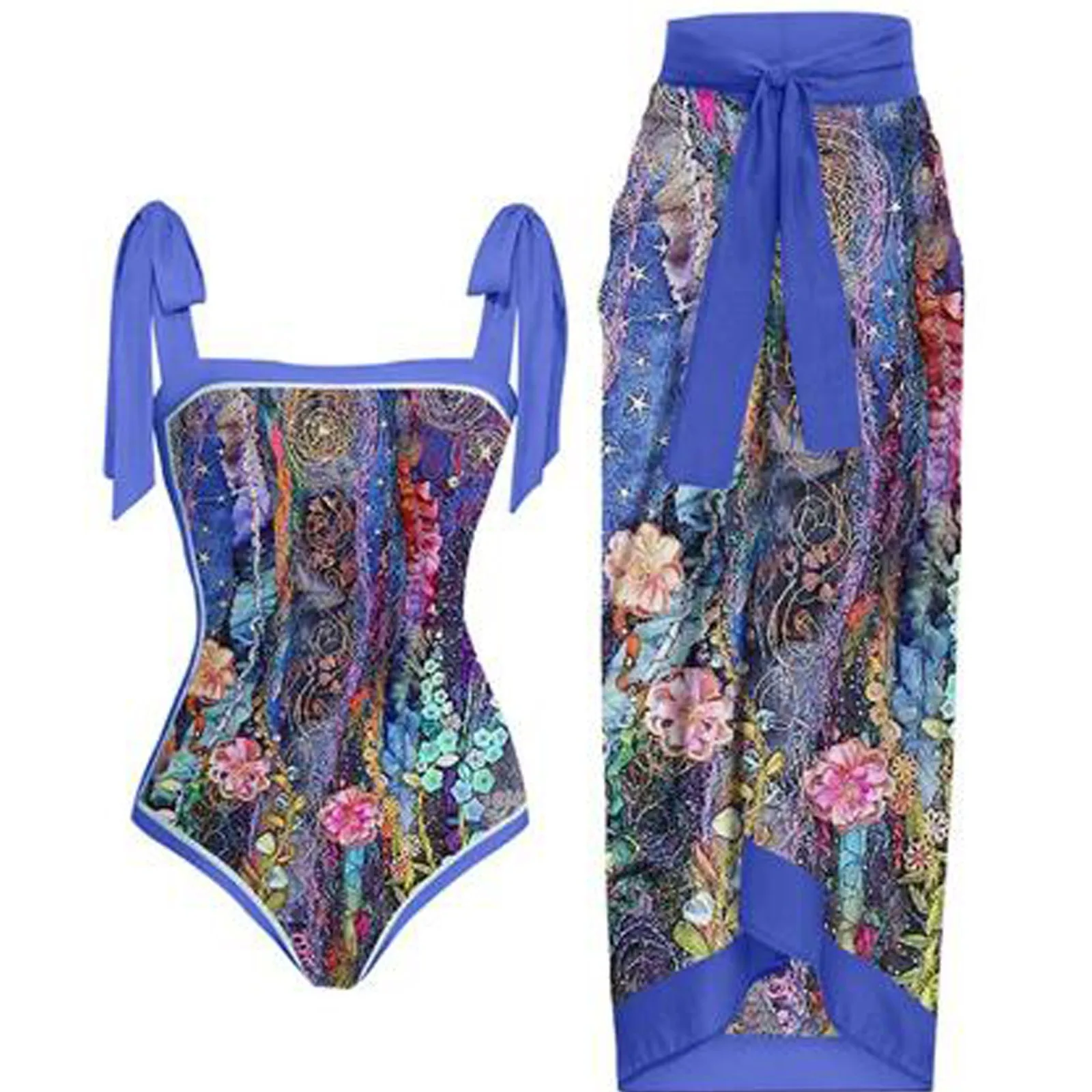 

Women 1 Piece Swimwear+1 Piece Cover UP Two Piece Vintage Print Swimsuit Monokini Bikini 2 Piece Hot Bikini Curvy Bikini