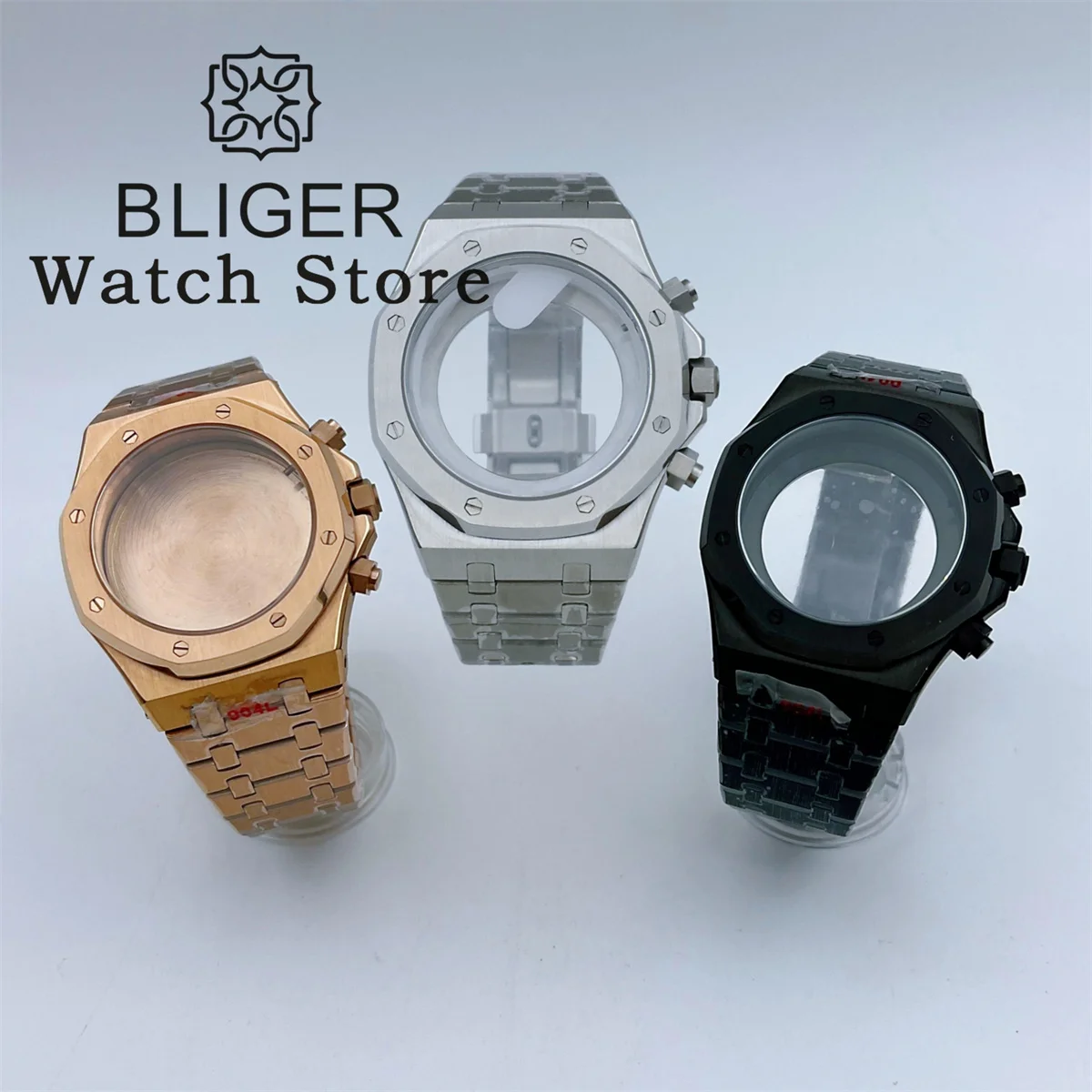 

BLIGER 42mm Silver Black Rose Gold Watch Case Strap Sapphire Glass Fit Quartz VK63/64 Movt Sterile Set Screw Crown Watch Parts