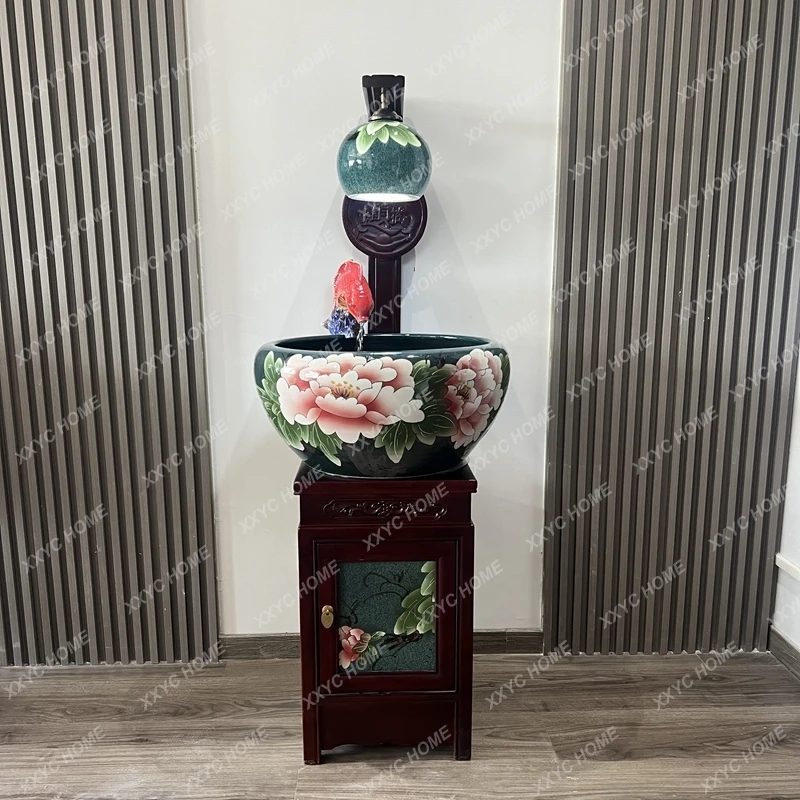 

Ornamental Feng Shui Peony Fish Tank with Cabinet Ceramic Landscape Living Room Office Fortune Household Water Spray
