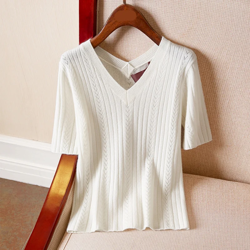 new summer v-neck ice silk short sleeve women's round neck knitting thin hollow out T-shirt bottom half sleeve top