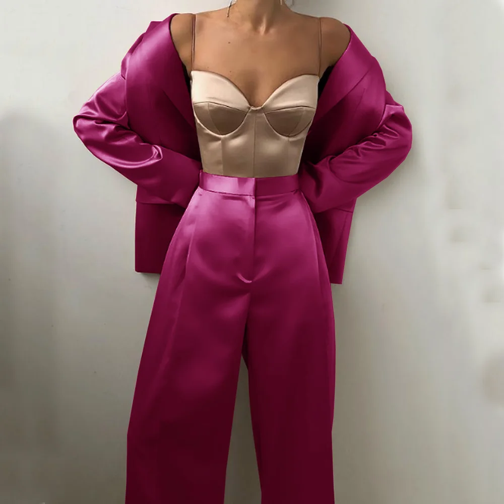 Women's Full Suit Street Fashion Style Elegant Ladies Casual Simple Satin Two Piece Suit (jacket + Pants) Single Breasted