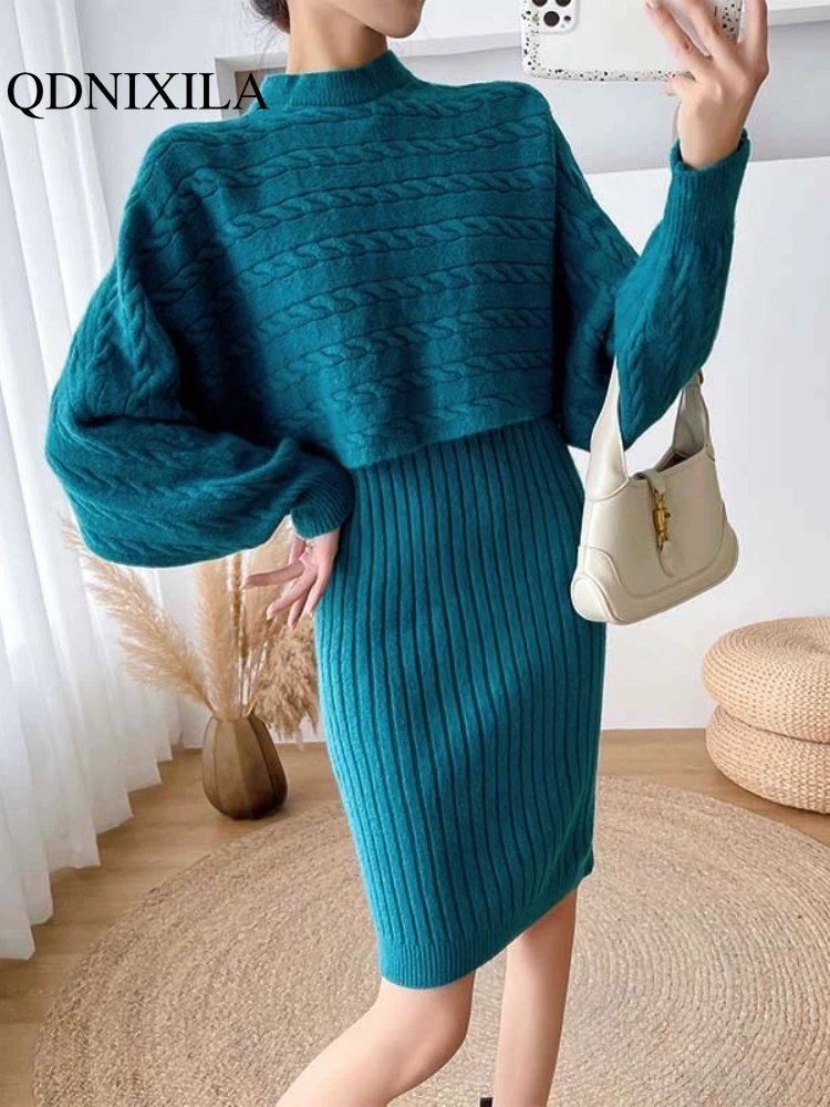 

Dress Sets 2023 Autumn Winter Korean Version New Lazy Wind Camisole Dress Round Collar Knitted Pullover Sets for Women 2 Pieces