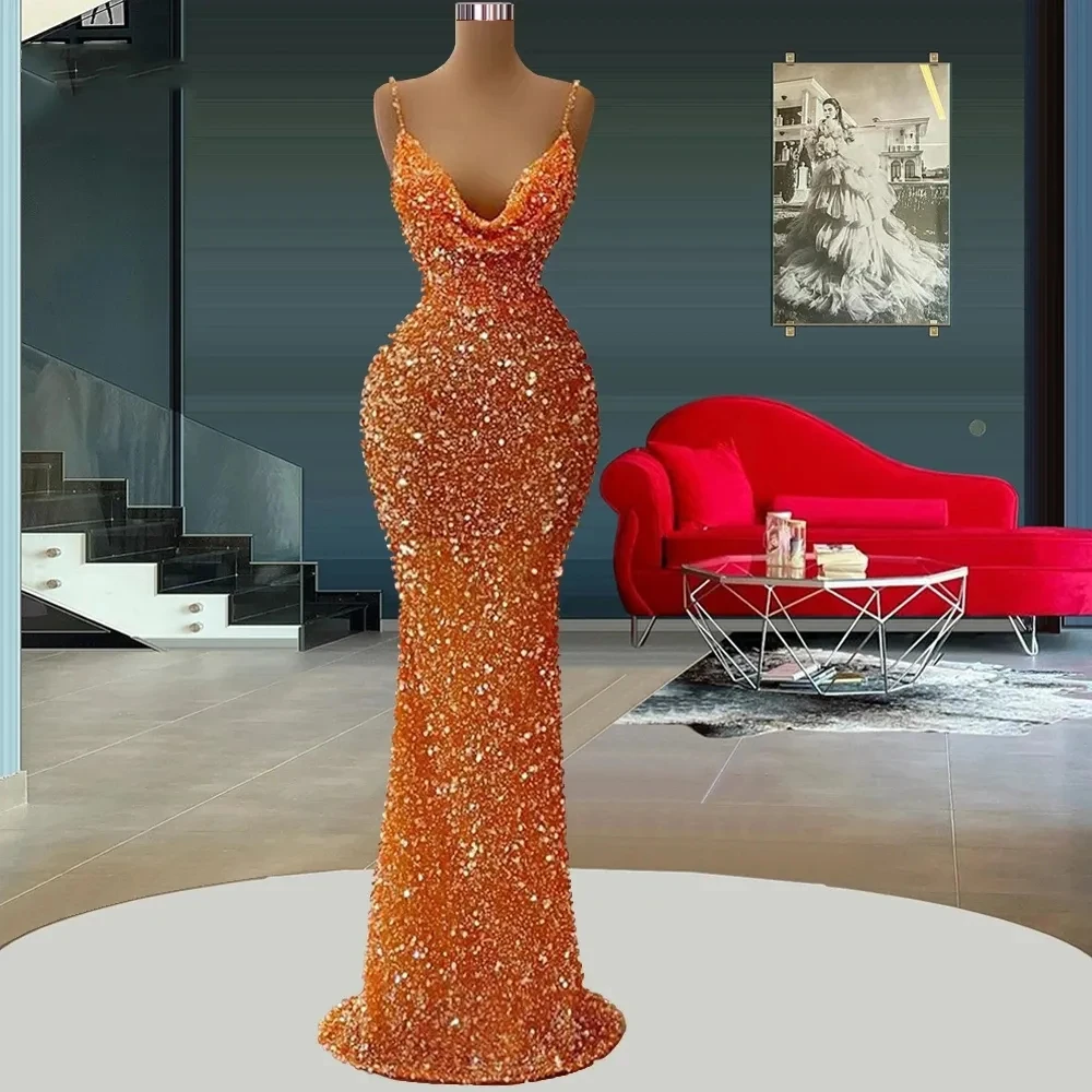 

Orange Sparkling Mermaid Evening Dresses Women's Sweetheart Sleeveless Sequins Princess Prom Gowns Formal Beach Party Robe