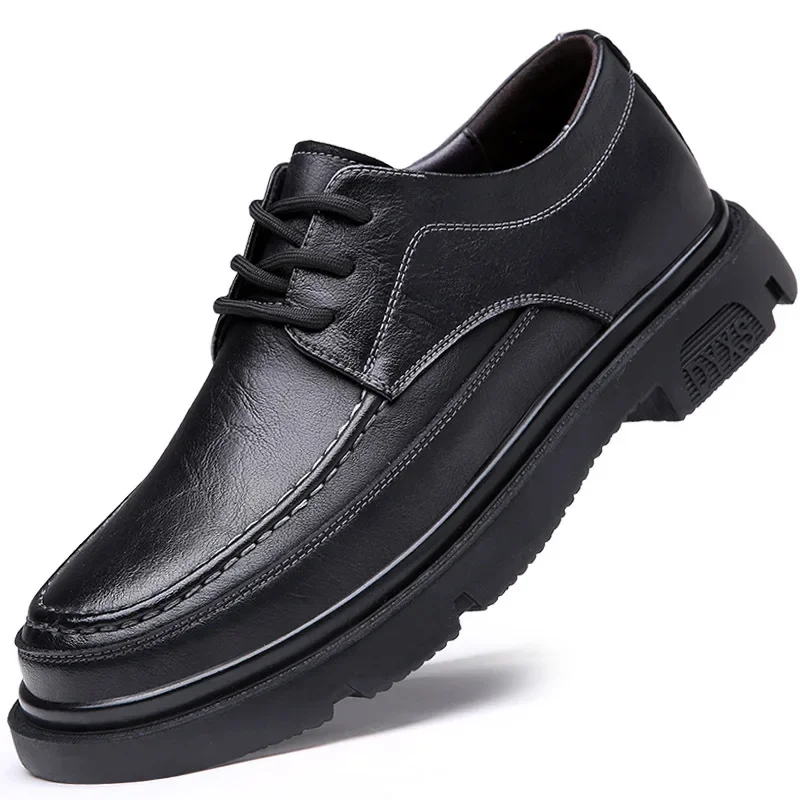 

Мужские деловые туфли на платформе, повседневная обувь из воловьей кожи, высокие, однотонные, большие размеры, весна-осень