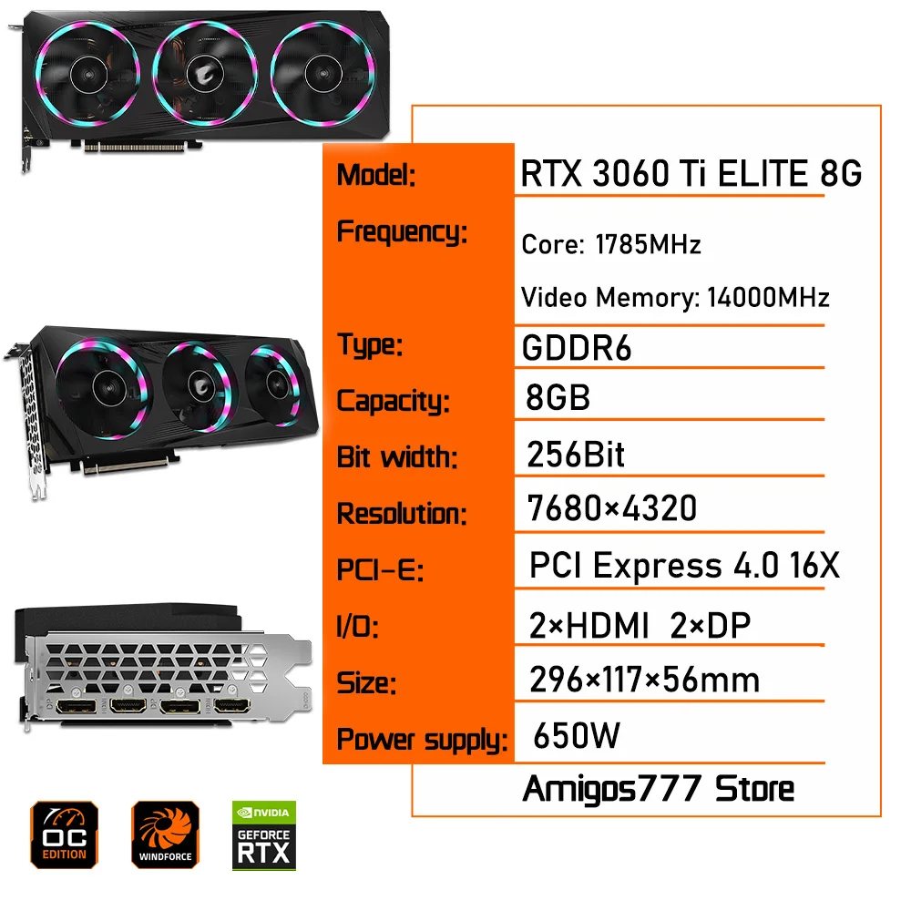 게이밍 PC 비디오 그래픽 카드, DDR6 기가바이트 GeForce RTX 3060 Ti GAMING OC 8GB 14000MHz  256 비트 8 핀 GeForce RTX 3060Ti, 신제품 - AliExpress