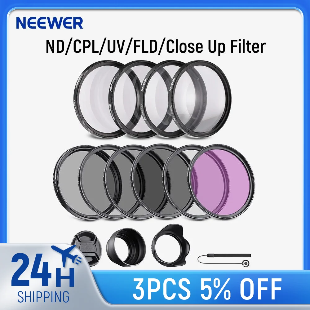 NEEWER ND/CPL/UV/FLD/Close Up Filter and Lens Accessories Kit с ND2 ND4 ND8, Close Up фильтры (+ 1/+ 2/+ 4/+ 10), тюльпан бленда объектива,