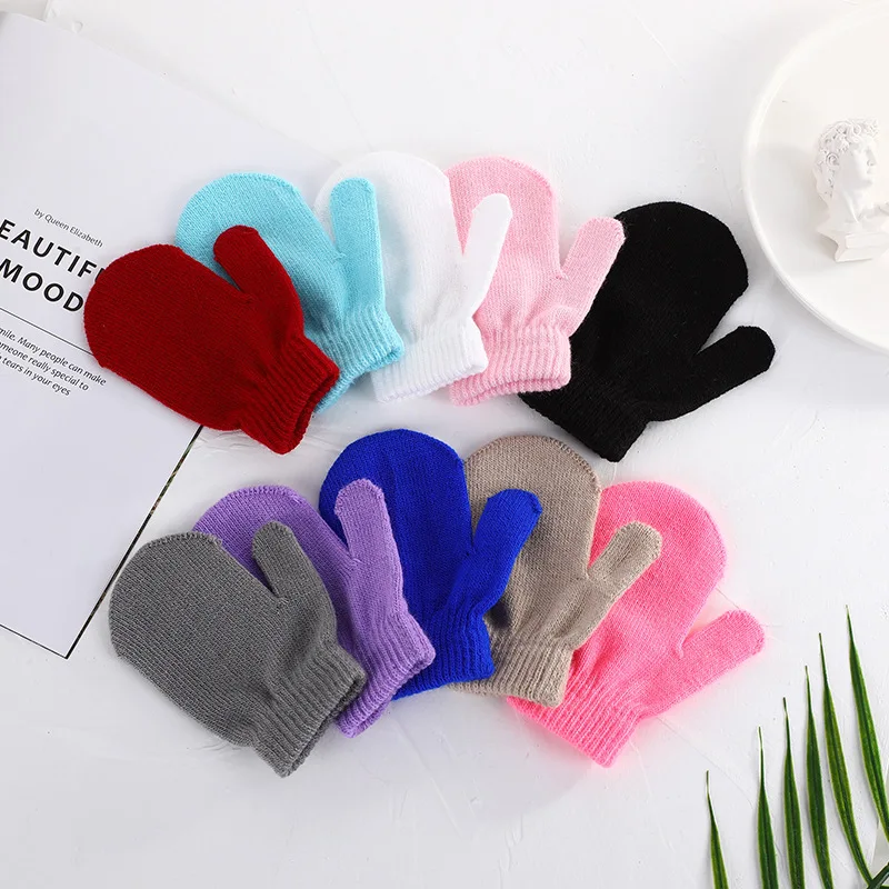 Children Kids Girls Boys Winter Knitted Gloves Solid Color Keep Warm Full Finger Mittens Toddlers Outdoor Wrist Gloves