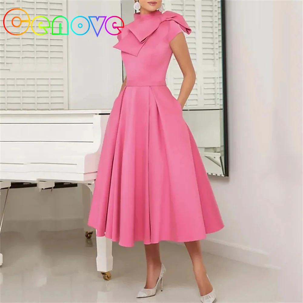 

Cenove A-Line O Neckline Prom Dress Short Sleeves With Tea Length Evening Elegant Party Dress For Women2023
