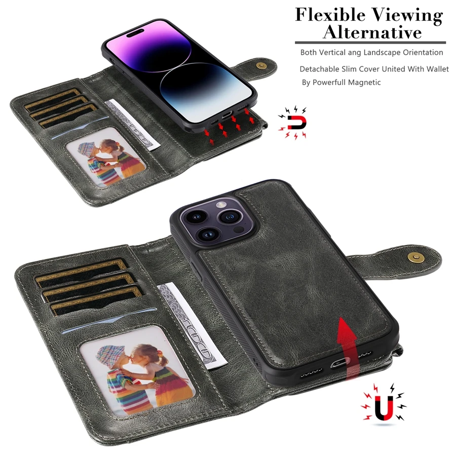 Multifunction Retro Zipper Solid Color Phone Wallet Case For iPhone 14 Pro Max 13 Pro Max 12 Pro Max 11 Pro Max 8 Plus 7 Plus