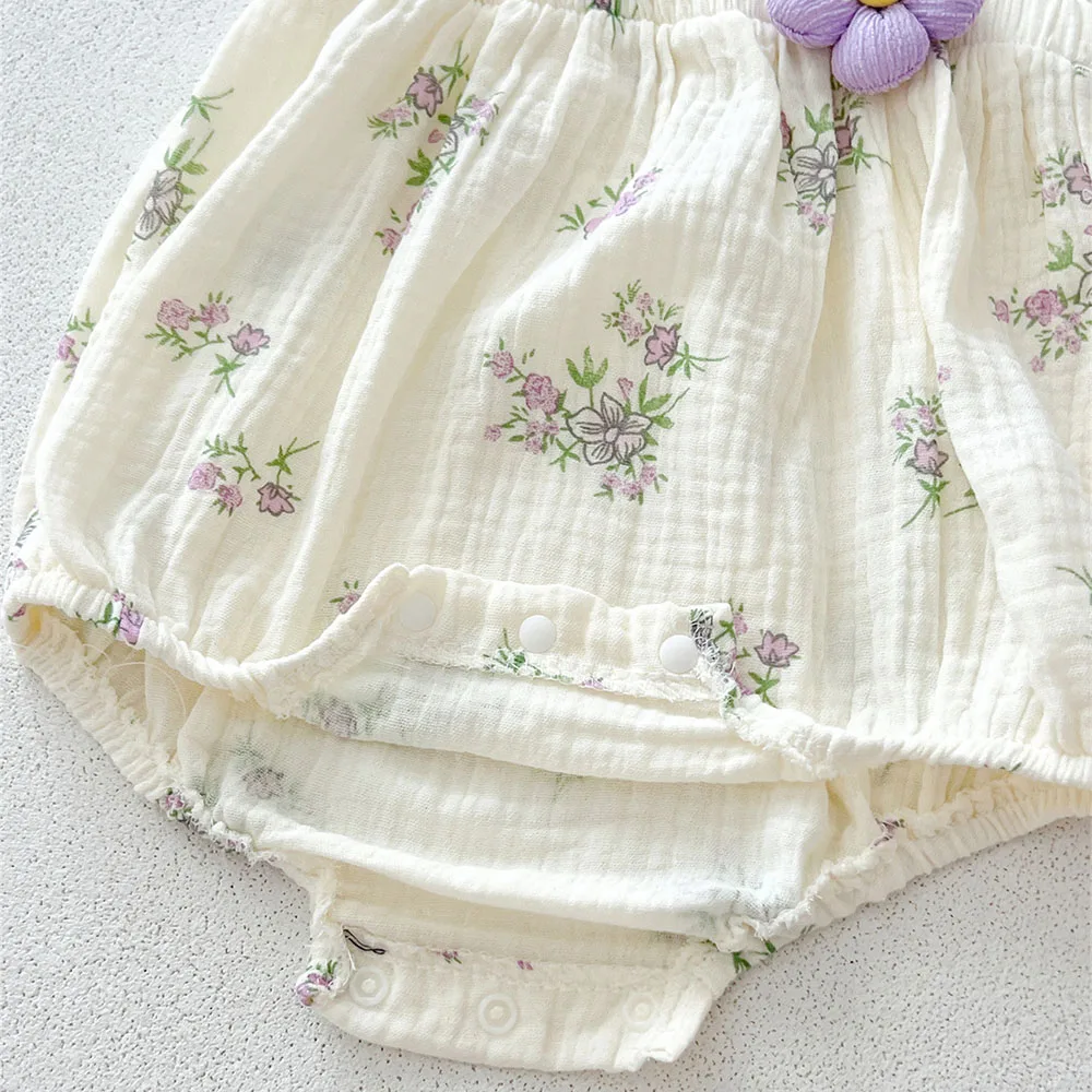 Summer Baby Girls Linen Bodysuit Floral Print One Piece