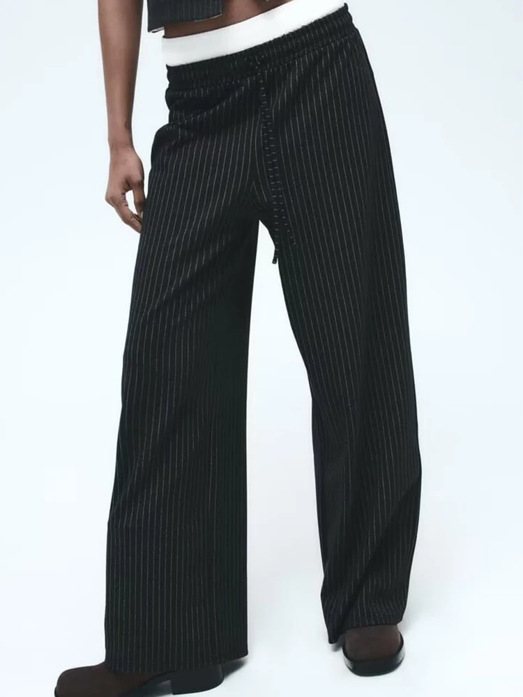 

TRAF 2024 Spring Women's Striped Trousers Fashuon Casual Patchwork Wide Leg Pants Ladies Drawstring Commute Straight Trousers