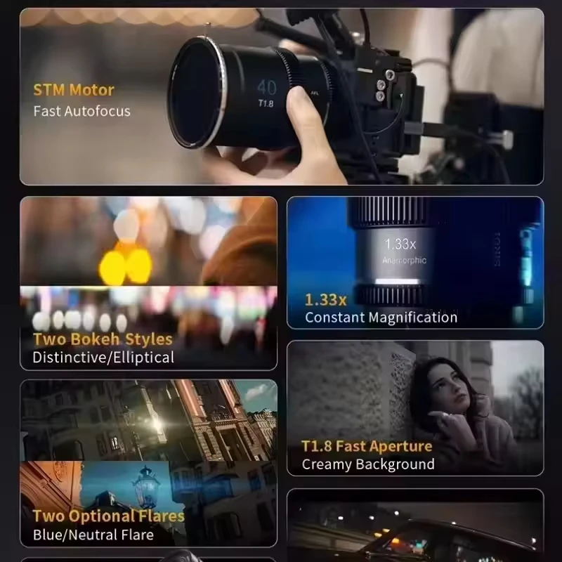 시루이 20mm 40mm T1.8 1.33x S35 아나모픽 시네 렌즈 (STM 모터 포함) ( E, 니콘 Z, 후지 X, 마카로 4/3 렌즈 줌 블루 플레어용)