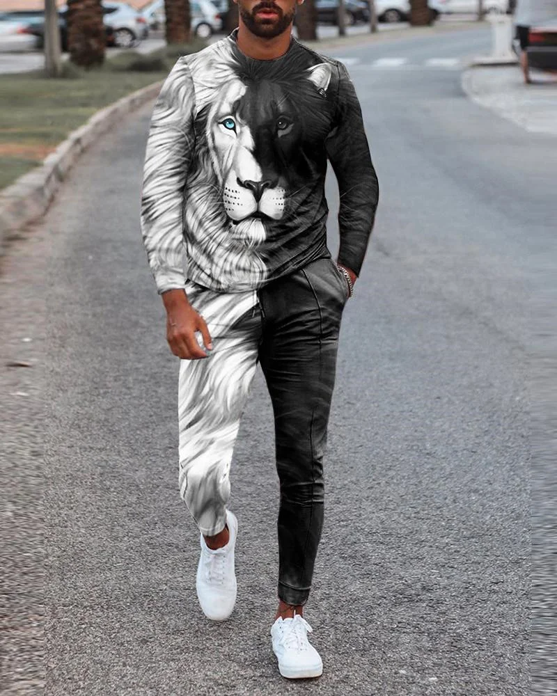 

New Animal Lion 3D Print Men's O-Neck Tracksuit Set Fashion Casual Long-Sleeve Pants 2 Piece Sets Trend Man Clothing Streetwear