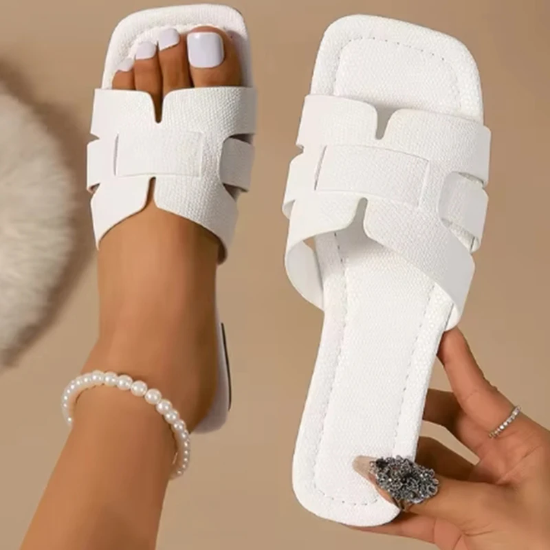 Damskie sandały wsuwane w jednolitym kolorze, lekkie kwadratowe buty wsuwane z odkrytymi palcami, damskie płaskie buty na co dzień