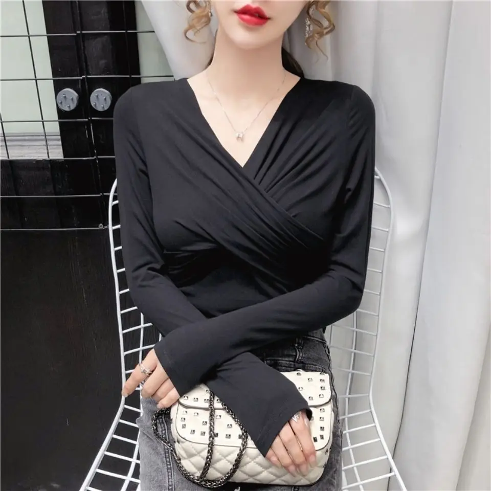 

Clothes Slim Women's T Shirts V Neck Tees Sexy Female Tops Blue Tshirts with Sleeves 2023 Beautiful Pulovers New Arrivals Kpop O