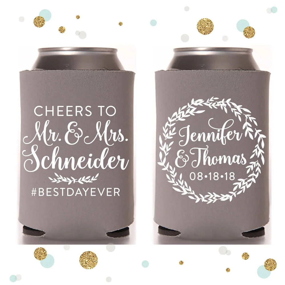

Cheers to the Mr and Mrs - Wedding Can Cooler,Custom - Wedding Favors, Beverage Insulators, Beer Huggers