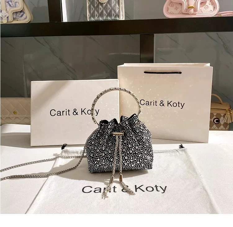 Bling Shiny Rhinestone Diamond Bucket Bag Women's Metal Ring Handle Handbag Evening Bag Party Clutch Purse Shoulder Chain Bag