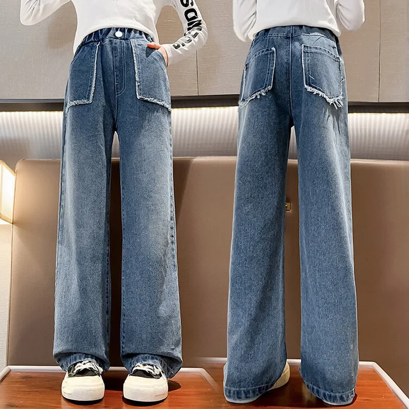 

Teens Girls Jeans Loose Trendy Double Pocket Denim Wide-leg Pants Elastic Waist Kids Hip Hop Trousers Blue Children's Clothing