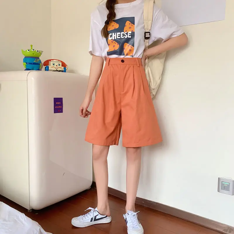 Soft Pleated Shorts Women’s Japan Simple Summer Knee Length Trousers College Teens Unisex Vintage High Rise Waist Loose Plus size womens Japanese Clothing for Woman in Orange