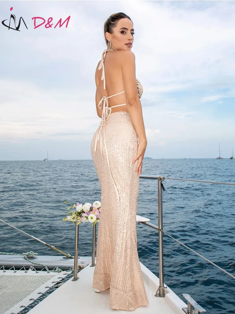 D & M-Sequined Bodycon Dress for Women, Sexy Clothes, Sleeveless, Backless, Maxi Dresses, Summer Fashion, 2024