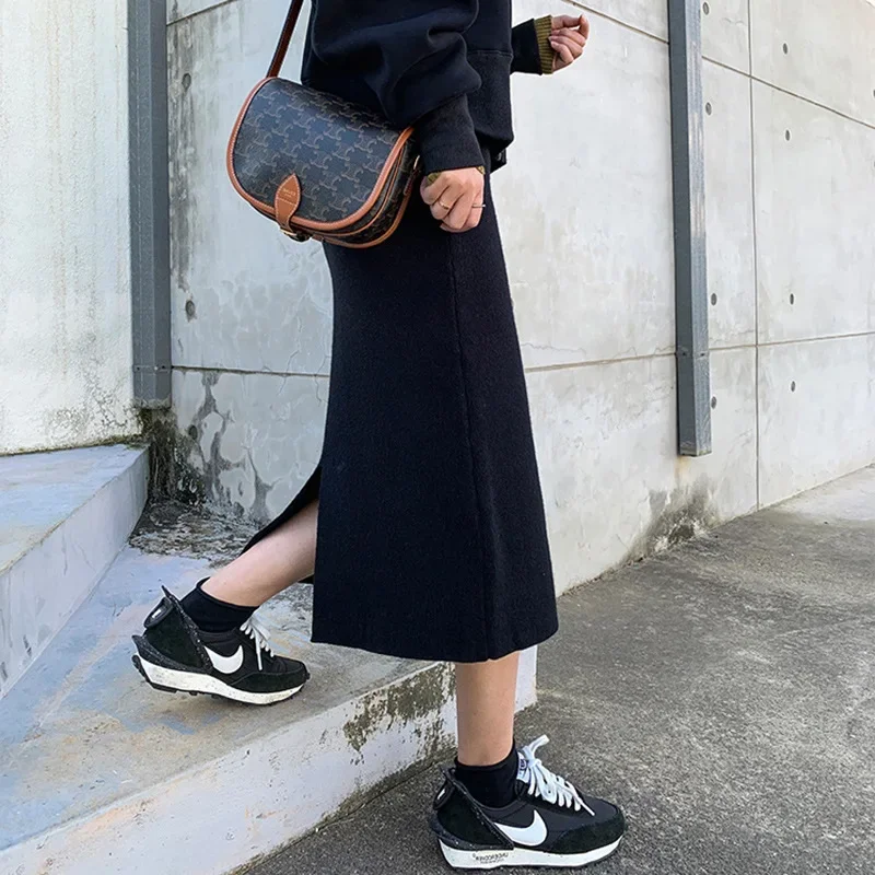 Maternity Midi Skirt Knitted with Core-Shell Yarn Adjustable Belly Support Semi-Long Versatile Skirts for Pregnant Women