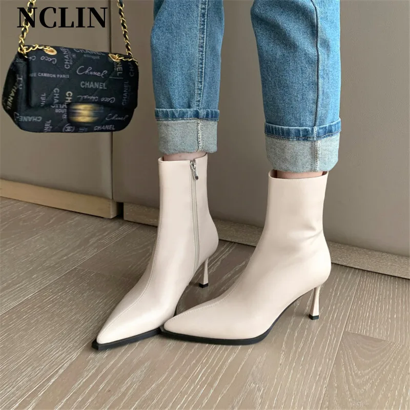 

2024 New Autumn/Winter Women Boots Pointed Toe Slender Heel Boots for Women Split Leather Short Boots Concise High Heel Boot