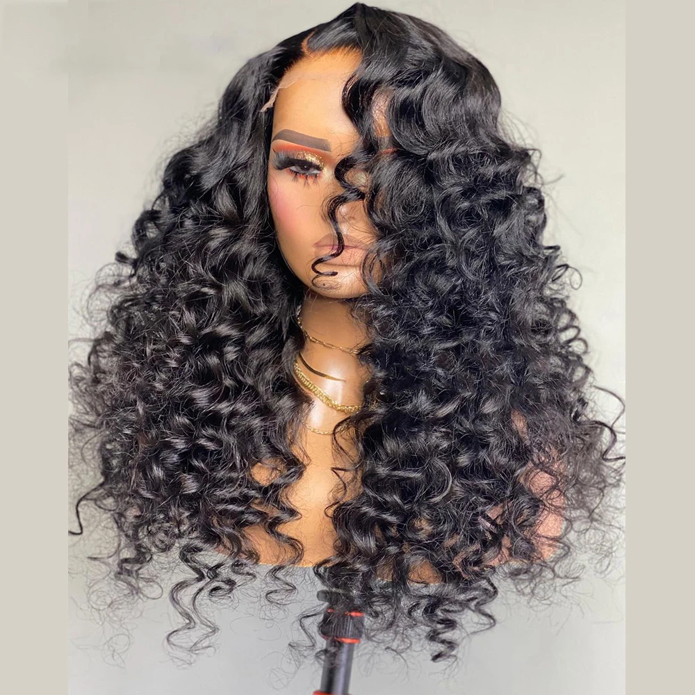 

Natural Black Preplucked Soft 26 Inch Long 180% Density Glueless Kinky Curly Lace Front Wig With BabyHair Heat Temperature Daily