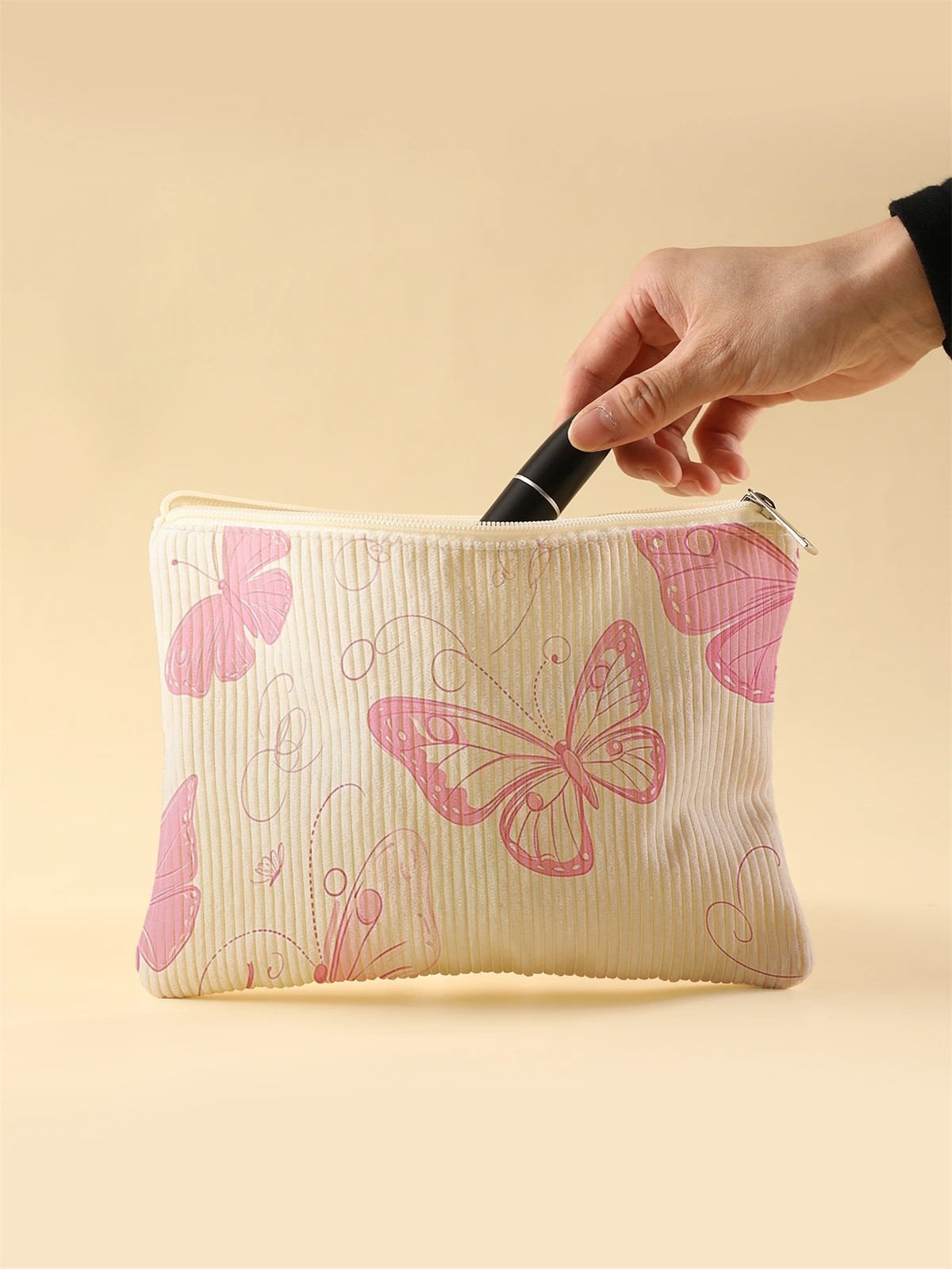 Women's Corduroy Travel Cosmetic Bag Portable Large Capacity Makeup Storage Organizer Zipper Clutch Purse Make up Bag