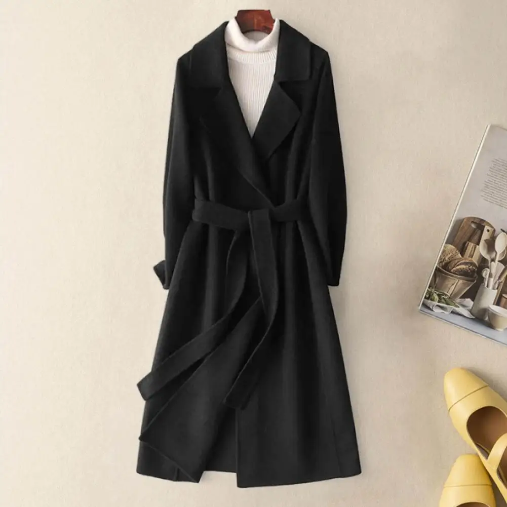 Women Lace-up Waist Coat Stylish Women's Woolen Coats Long Sleeve Slim Fit Overcoat with Belt Elegant Korean Fashion for Autumn women s coat winter elegant beige woolen coat for women autumn black long coats vintage minimalist overcoat oversize outwear