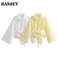 2025 Women Long Sleeve Kimono Shirt Double Breasted Satin Silk Feel Polo Collar Belted Office Chic Spring Autumn Party Blouse